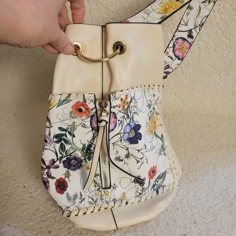 Cream Floral Hobo Bag and Crossbody Set Gold Hardware Botanical Print 2pc